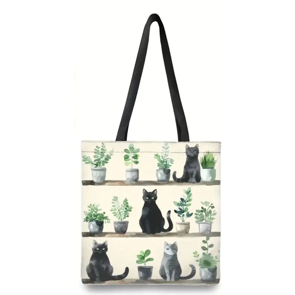 Tote Bag All over Print Black Gray Cats Plants‎ Shopping Bag New